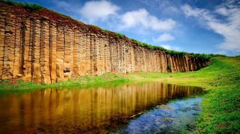Landscapes nature rock grass lakes skyscapes reflections wallpaper