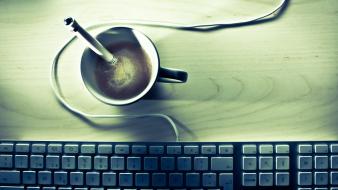 Minimalistic coffee keyboards macro pencils wires wallpaper