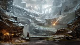 Rocks bridges people fantasy art torchlight arcs wallpaper