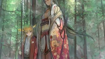 Ibuki suika japanese clothes swords ornaments black wallpaper