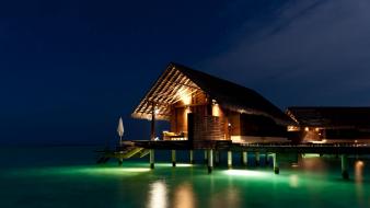 Ocean landscapes nature night houses wallpaper