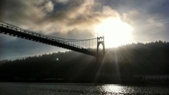 Sunset clouds trees bridges oregon portland rivers wallpaper
