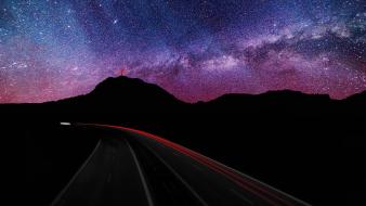 Mountains clouds landscapes lights stars roads evening wallpaper