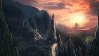 Skylines rocks bridges falls fantasy art town wallpaper