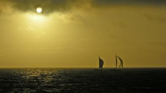 Sunset ocean landscapes sun boats sea wallpaper