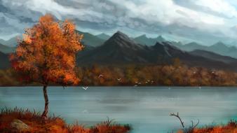 Trees autumn (season) scenic lakes blue skies wallpaper