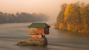 Water landscapes nature forest rock cabin lakes view wallpaper