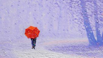 Winter red bicycles artwork backview umbrellas wallpaper