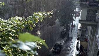 Cityscapes streets rain cars leaves balcony parking wallpaper