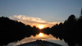 Water sunset boats rivers skyscapes wallpaper