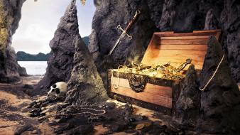 Artwork necklaces jewelry treasure chest swords caves wallpaper
