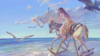 (children) horses seagulls artwork rocking chairs sea wallpaper