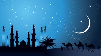Moon silhouette camels artwork makkah caravan arabia wallpaper