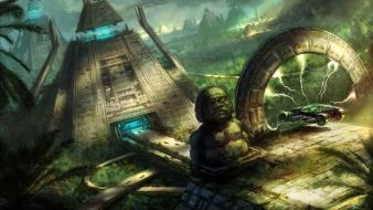 Moss statues science fiction arches pyramid arch wallpaper