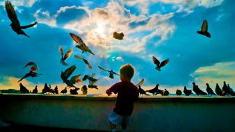 Clouds sun birds chairs children wallpaper