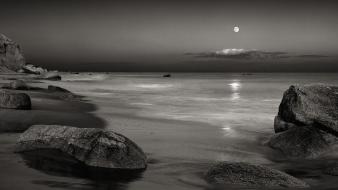 Landscapes moon rocks grayscale seascapes wallpaper