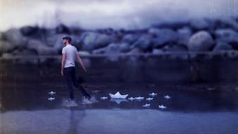 Water walk men leash photomanipulation paper boat wallpaper