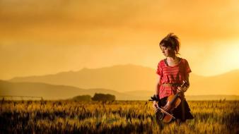 Women sunset fields red dress lindsey stirling violinist wallpaper