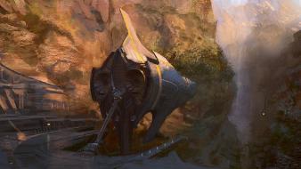 Futuristic ships canyon digital art artwork port wallpaper