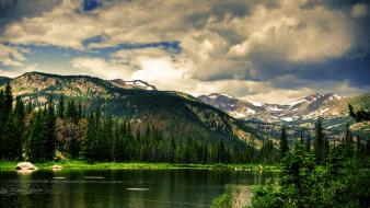 Green mountains clouds nature forest rivers wallpaper