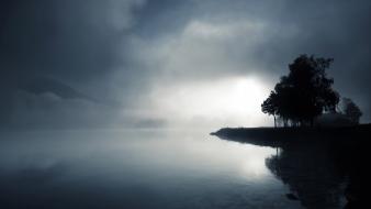 Landscapes trees monochrome lakes wallpaper