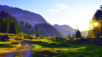 Mountains landscapes streams sunlight wallpaper