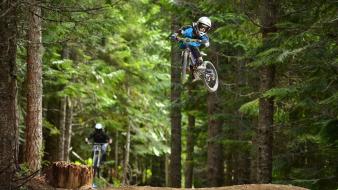 Nature forest motorbikes mountain biking jump mtb children wallpaper