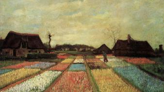 Flowers houses fields dutch artwork traditional art wallpaper