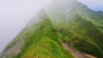 Mountains clouds landscapes grass fog switzerland