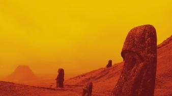Sunset landscapes statues easter island wallpaper