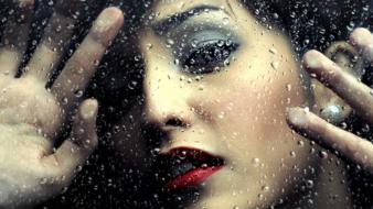 Brunettes rain glass water drops wallpaper