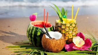 Fruits tropical watermelons straws coconut palm leaves wallpaper