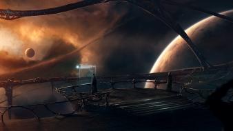 Outer space planets men balcony console station art wallpaper
