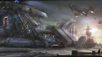 Spaceships airports digital art science fiction artwork wallpaper