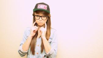 Blondes women glasses baseball caps denim clothing wallpaper