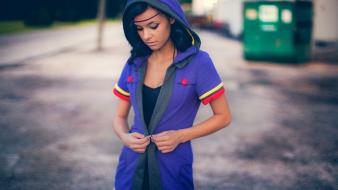 Brunettes women outdoors hoodies wallpaper