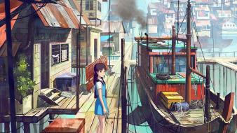 Hair buildings fantasy art town anime girls wallpaper