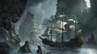 Water mountains ships artwork ghost ship wallpaper