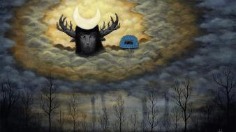 Trees moon artwork faun surreal art andy kehoe wallpaper