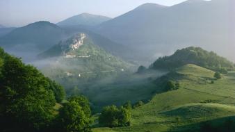 Mount clouds forests green landscapes wallpaper