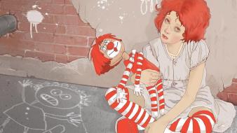 Artwork sitting dolls brick wall striped clothing wallpaper