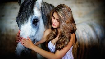 Brunettes women animals long hair horses wallpaper