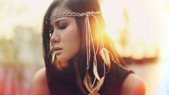 Brunettes women artistic feathers sunlight closed eyes wallpaper