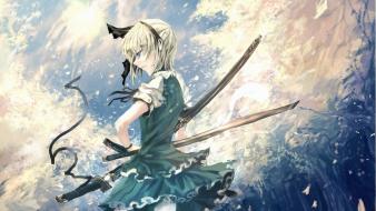 Flower petals green dress band swords ornaments wallpaper