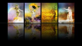 Spring goddess panels reflections simple black background wallpaper