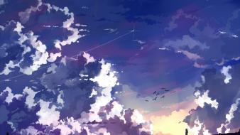 Sunset clouds birds anime girls wallpaper