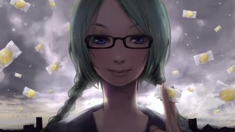 Sweets (candies) green meganekko braids skyscapes faces wallpaper