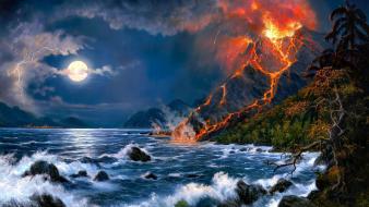 Trees waves volcanoes moon rocks artwork sea wallpaper