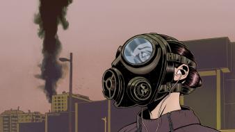 Women gas masks earphones artwork wallpaper