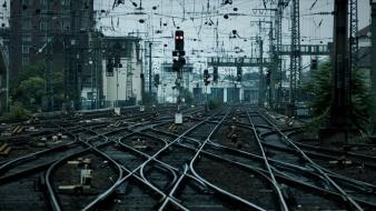 Cityscapes traffic lights power lines trainway tracks wallpaper